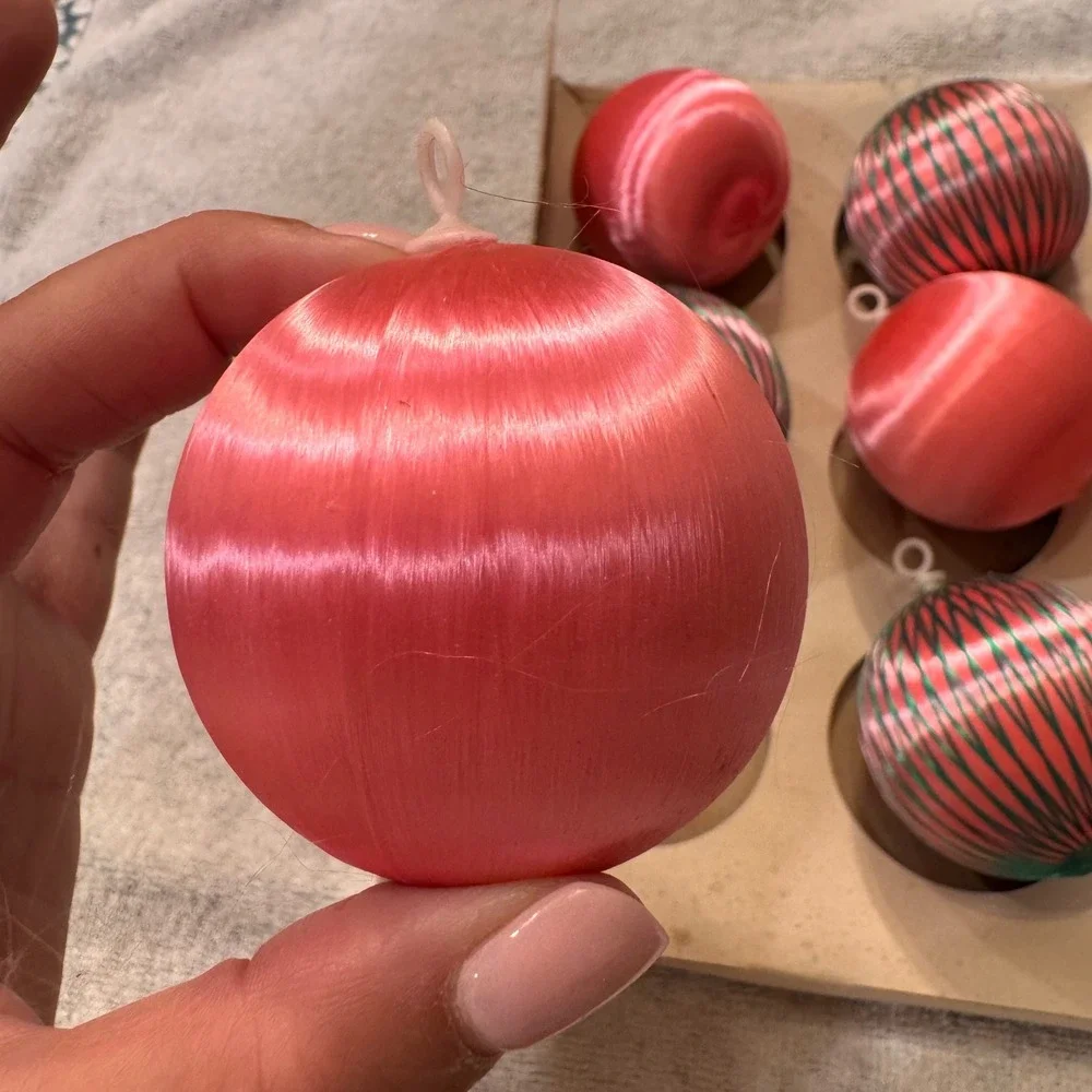 Vintage 1960s Shiny Brite Christmas Ornaments Pink Satin Green Stripes  MCM